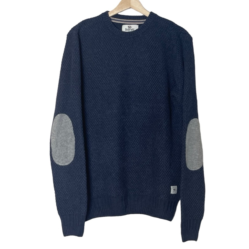 BellField Mens Wool Blend HandCrafted Elbow Patch Pullover Sweater Size S Navy